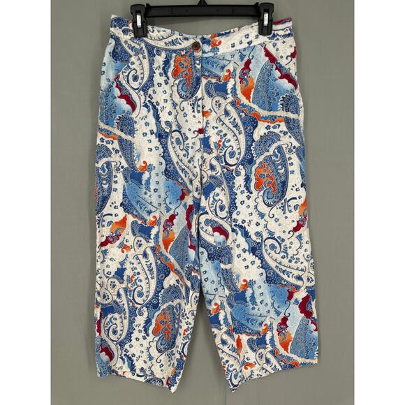 90s Vintage Linen Pants Womens Medium Blue Paisley Cropped High Rise Bohemian - Picture 5 of 8